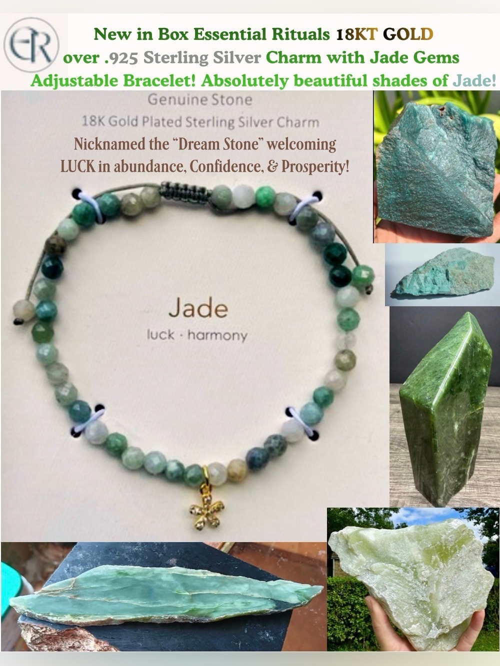 NIB AE JADE & 18KT GOLD CHARM ADJUSTABLE BRACELET! BUNDLE W/ ANYTHING JADE FREE!